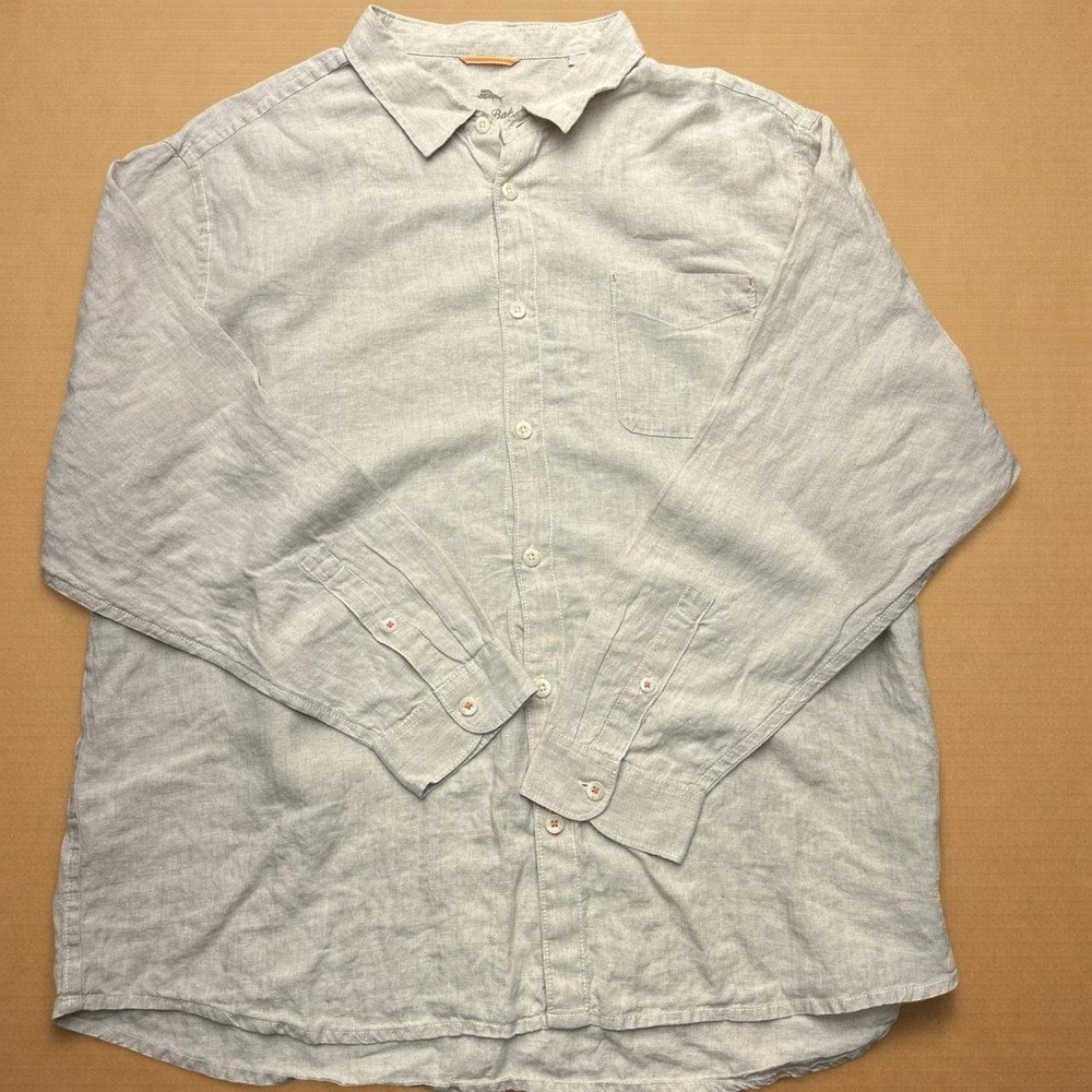 Tommy Bahama 100% Linen Button Up Shirt Mens Sz 3XL Beige Long Sleeve Camp Logo
